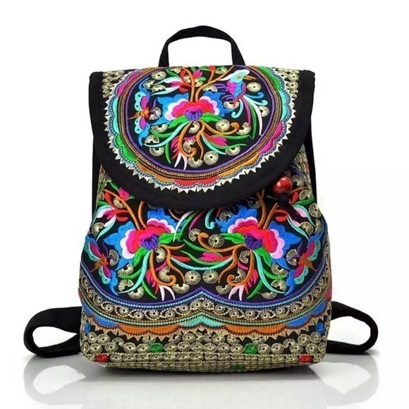 Embroidered Floral Boho Hippie Backpack - Picture 1 of 16